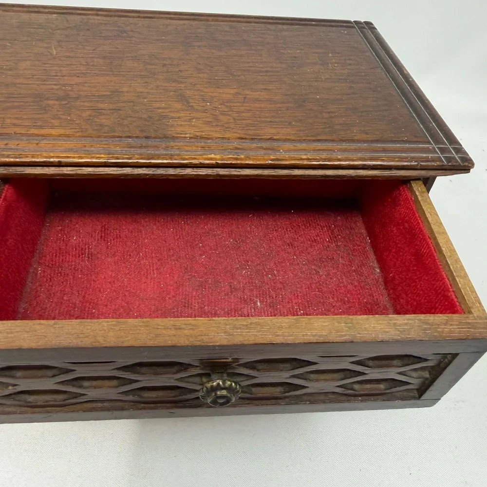 Vintage Japanese Wooden Jewelry Box 4 Drawer Lattice Front Red Velvet Music Box